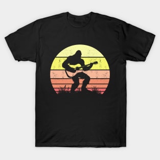 Bigfoot Playing Acoustic Guitar Vintage Sunset Music Lover T-Shirt